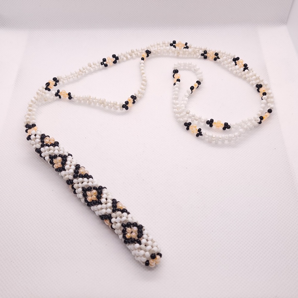 Vintage Endless Seed Bead Necklace 32" Black White Peach Floral Rope Statement